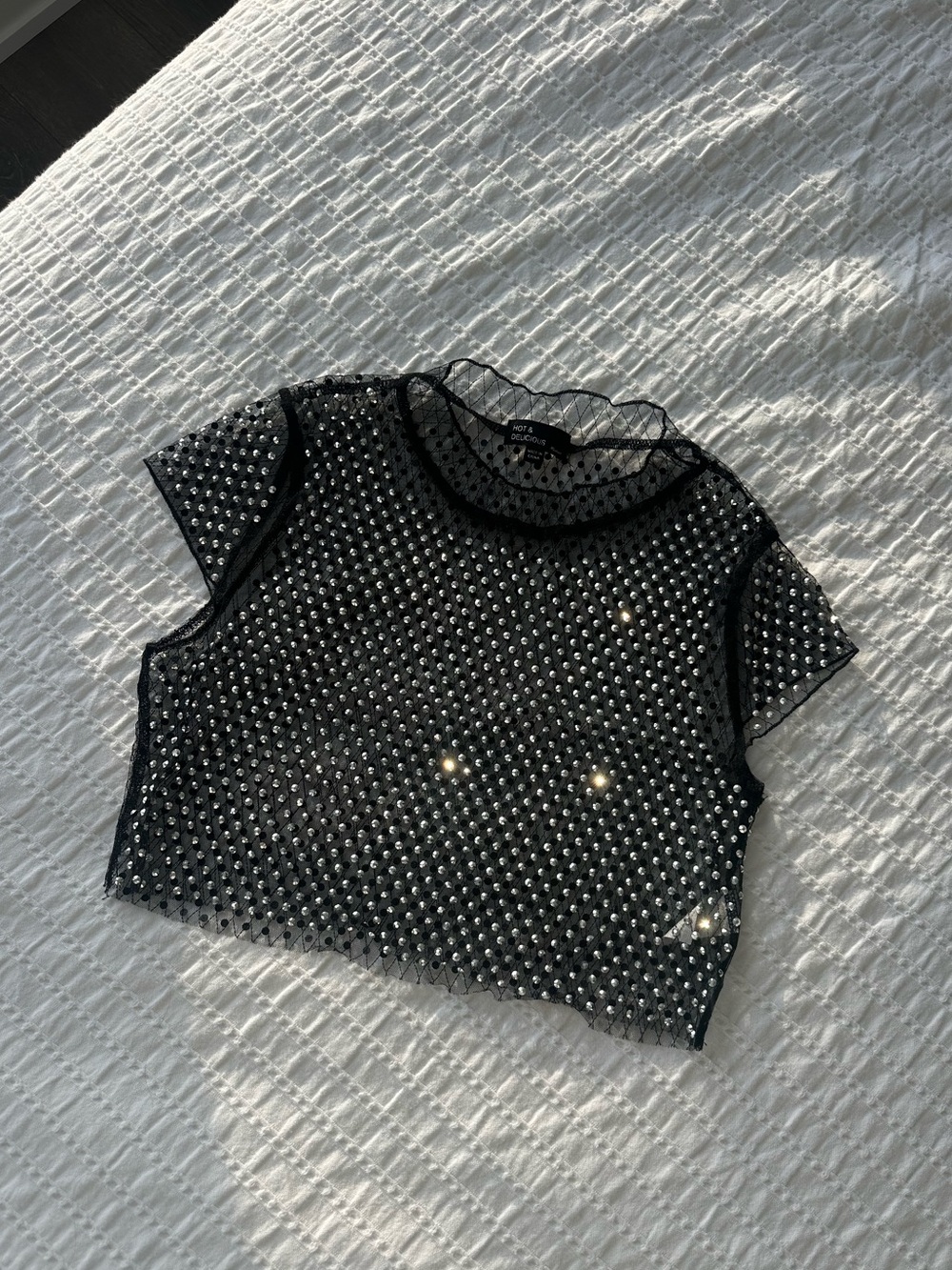 Black Mesh Rhinestone Short Sleeve Crop Top